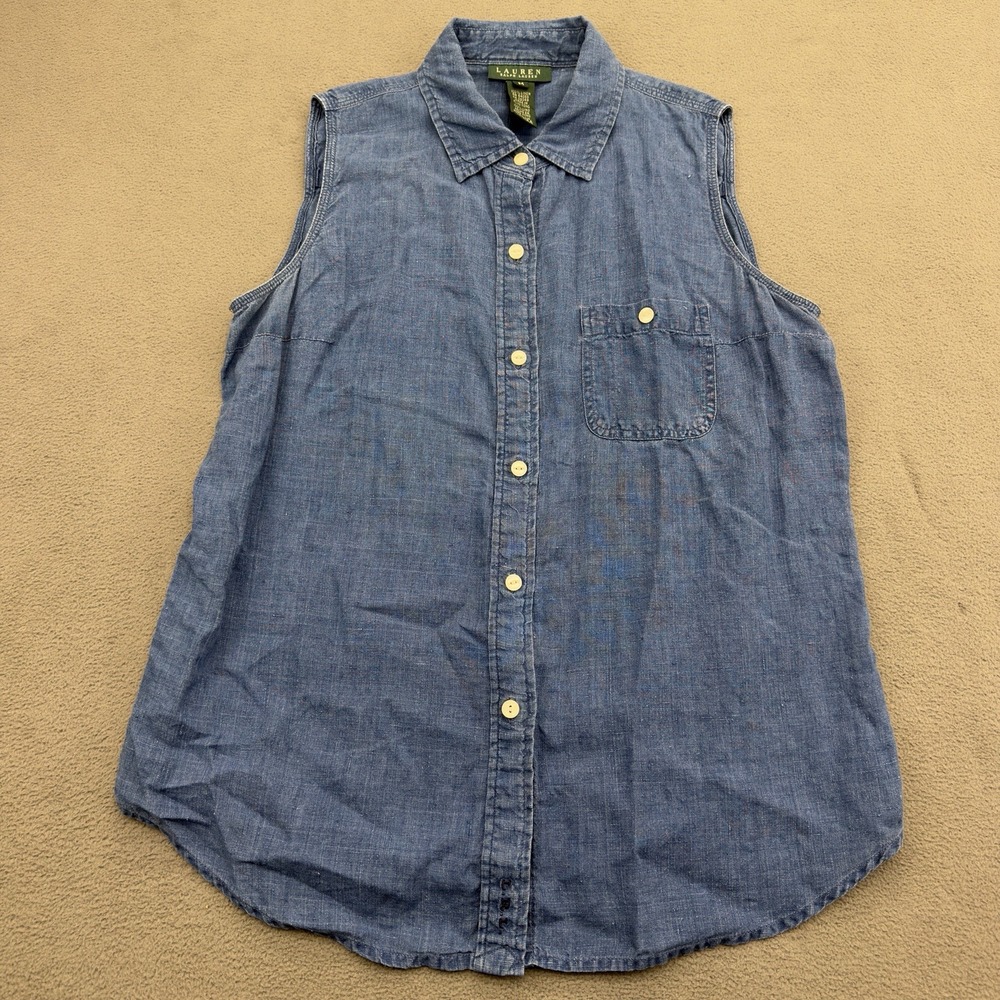 Vintage Lauren Ralph Lauren 100% Linen Chambray Shirt  Womens M Blue Sleeveless